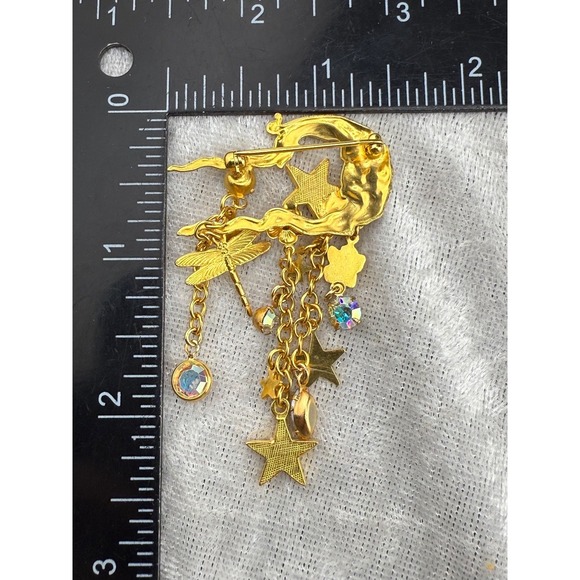 Vintage Celestial Brooch Moon Stars Dragonfly - Picture 4 of 5